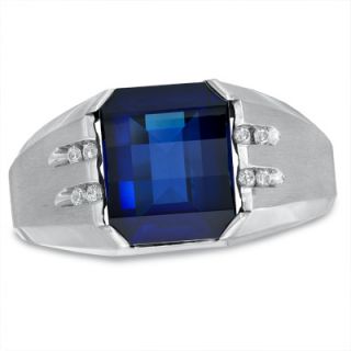 Mens Barrel Cut Lab Created Blue Sapphire and Diamond Accent Ring in