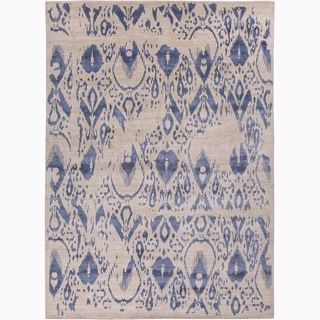 Hand made Tribal Pattern Ivory/ Blue Wool/ Bamboo Silk Rug (2x3)