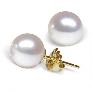 8mm AAA Quality Japanese Akoya cultured pearl earring studs set in 14K yellow gold American Pearl Jewelry