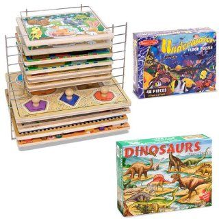 Melissa & Doug Floor Dinosaur and Underwater Floor Puzzle Sets with Deluxe Wire Puzzle Rack Toys & Games