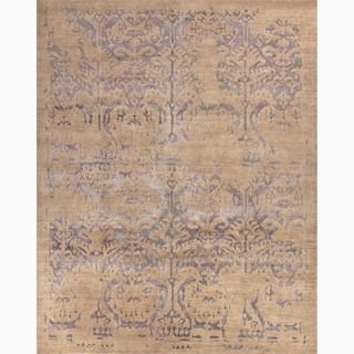 Hand made Tribal Pattern Taupe/ Blue Wool/ Bamboo Silk Rug (8x10)