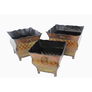 Brown And Green Rustic Metal Planters (set Of 3)