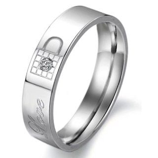 Titanium Stainless Steel Lock and Key Engagement Anniversary Wedding Promise Ring Couple Wedding Band with Engraved "Love" Rhinestone Inlay (Available Sizes Him 6,6.5,7,7.5,8,8.5,9,9.5,10,10.5,11,11.5,12,13; Hers 5,5.5,6,6.5,7,7.5,8,8.5,9,9.5,10