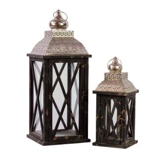 Black Wooden Lantern With Silver Lid (set Of 2)