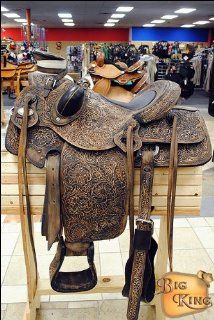 Hilason Big King Western Wade Ranch Roping Saddle Floral Hand Tooled Leather  Sports & Outdoors
