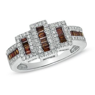 CT. T.W. Enhanced Red and White Diamond Brick Ring in Sterling