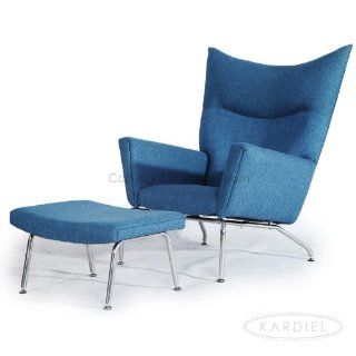 Kardiel Hans J Wegner Style Wing Chair & Ottoman, Azure Houndstooth Twill   Armchairs