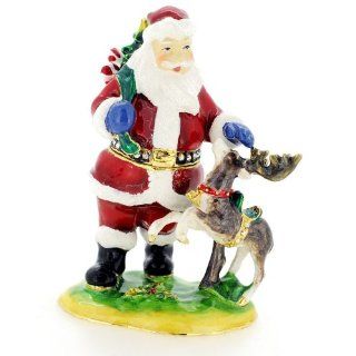 Red Christmas Santa And Christams Reindeer Trinket Box Jewelry