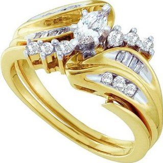 14k Yellow Gold Marquise Natural Diamond Bridal Wedding Engagement Ring & Anniversary Band Set Womens   .50 (1/2) Ct.t.w. Jewelry