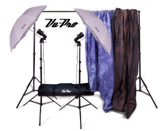 OWEN'S ORIGINALS VU PRO COMPLETE HOME STUDIO PACKAGE#1. INCLUDES 901 BACKDROP STAND W/CARRY CASE, 6X9 BELLAGIO MUSLIN BACKDROP, 6X9 BISCAY BLUE MUSLIN BACKGROUND, 2X V 45 STROBE PHOTOGRAPHY LIGHTS, 2X 33" TRANSLUCENT UMBRELLAS, 2X 803 LIGHT STAND