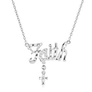 Diamond Accent FAITH with Cross Dangle Necklace in Sterling Silver