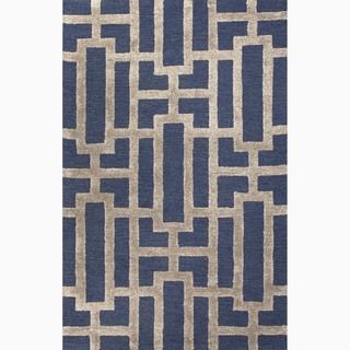 Hand made Geometric Pattern Blue/ Tan Wool/ Art Silk Rug (3.6x5.6)