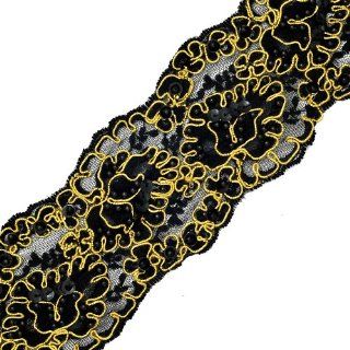 Beaded Sequin with Metallic Gimp Embroidery Ribbon Lace Trim for bridal, apparel, home dcor, 3 Inch by 1 Yard, Black/Gold, ROI 7544