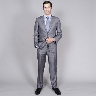 Mens Grey Windowpane Two button Suit With Two Front Pockets