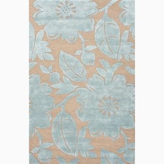 Hand made Blue/ Tan Wool/ Art Silk Plush Pile Rug (8x10)
