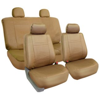 Fh Group Tan Pu Leather Car Seat Covers Front Low Back Buckets And Solid Bench (full Set)