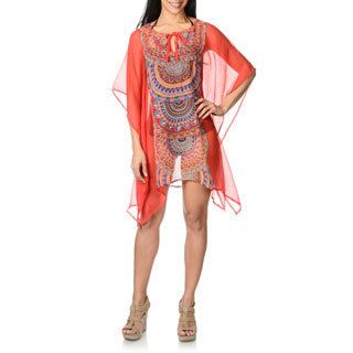 Club Z CZ Womens Tribal Placement Print Georgette Caftan Swim Cover Up Red Size S (4  6)
