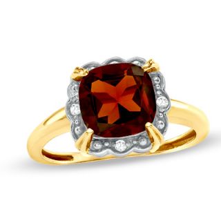 0mm Cushion Cut Garnet and Diamond Accent Framed Ring in 10K Gold