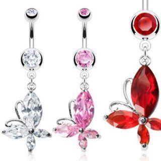316L Surgical Steel Gem Navel Ring with Marquise Cut CZ Butterfly Dangle   14 GA 3/8" Long,Pink;Sold Separately Jewelry