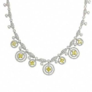 Sterling Silver Simulated Diamond and Yellow cz Leaf Circle Within a circle Necklace Jewelry