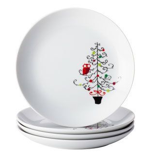 Rachael Ray Dinnerware Hoots Decorated Tree 4 piece Appetizer Plate Set