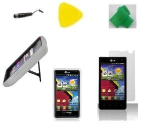 White / Black hybrid Armor w Kickstand Phone Case Cover Cell Phone Accessory + Yellow Pry Tool + Screen Protector + Stylus Pen + EXTREME Band for Lg Optimus Exceed Lg VS840pp VS840PP Cell Phones & Accessories