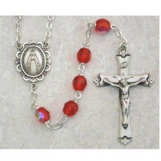 Birthstone Catholic Rosary 875L RU/F 6mm Sterling Silver Crucifix Cross and CenterJuly Red Ruby Jewelry