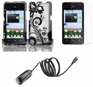 Huawei Ascend Plus H881C (Straight Talk, Net 10, Tracfone)   Accessory Combo Kit   Black Orchid Vines on Silver Design Shield Case + Atom LED Keychain Light + Screen Protector + Micro USB Wall Charger Cell Phones & Accessories
