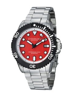 Mens Stainless Steel & Red Diver Watch by Stuhrling Original