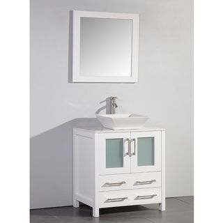 Legion Furniture White Artificial Stone Top 30 inch Vessel Sink White Bathroom Vanity And Matching Framed Mirror White Size Single Vanities