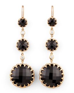 Long Rose Gold Black Onyx and Diamond Drop Earrings on Diamond French Wire  