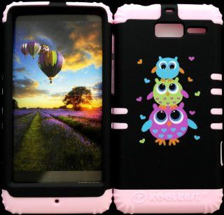 Bumper Case forMotorola Droid Razr M (XT907, 4G LTE, Verizon) Protector Three Cute Owls Owl on Black Pattern Snap on + Light Pink Silicone Hybrid Cover Cell Phones & Accessories