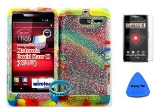 Hybrid Cover Bumper Case for Motorola Droid Razr M (XT907, 4G LTE, Verizon) Clear Glitter Snap on + Rainbow Silicone (Included Wristband, Screen Protector and Pry Tool By Wirelessfones) Cell Phones & Accessories