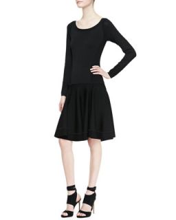 Womens Long Sleeve Fit and Flare Dress with Dropped Waist, Black   Donna Karan
