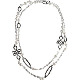 Alexa Starr Long Burnished Silver Necklace With Stations Of White Pearl And Twisted Burnished Silver Accents