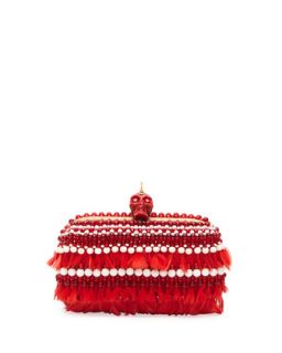 Bead & Feather Punk Skull Box Clutch, Red/White   Alexander McQueen