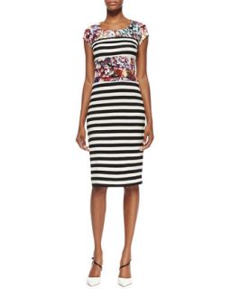 Womens Cap Sleeve Flower & Stripe Print Dress, Multicolor   Nicole Miller