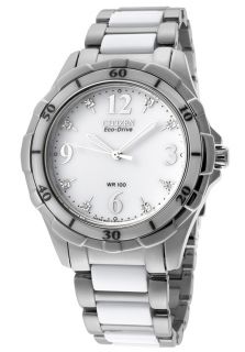 Citizen EM0030 59A  Watches,Womens White Diamond White Dial Stainless Steel & White Ceramic, Casual Citizen Eco Drive Watches