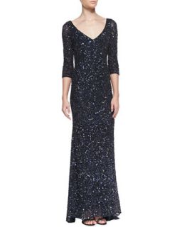 Womens 3/4 Sleeve V Neck Sequined Gown, Carbonized Midnight   Theia by Don