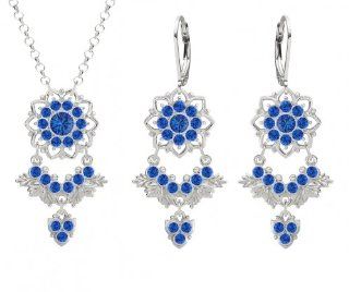 Lucia Costin Pendant and Earrings Set with Multi Petal Flowers and Leaf Elements, Designed with Blue Swarovski Crystals and Fancy Charm Accents; .925 Sterling Silver; Handmade in USA Earring And Necklace Sets Jewelry