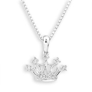 18K White Gold Valentines Gift Tiara Crown Of Queen Round Diamond Accent Princess Pendant W/ 925 Sterling Silver Chain (1/10 cttw, G H Color, VS2 SI1 Clarity, 16"), Women Jewelry Pendant Necklaces Jewelry