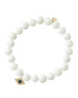 8mm Faceted White Agate Beaded Bracelet with 14k Yellow Gold/Diamond Small Evil