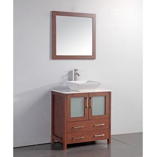 Legion Furniture White Artificial Stone Top 24 inch Vessel Sink Cherry Bathroom Vanity And Matching Framed Mirror Cherry Size Single Vanities