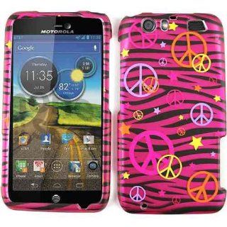 Pink Zebra with Hearts, Stars, Peace sign Snap on Cover Faceplate for Motorola Atrix HD, Dinara mb886 Cell Phones & Accessories