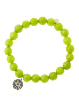 8mm Faceted Lime Jade Beaded Bracelet with 14k Gold/Rhodium Diamond Small Evil