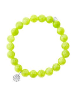 8mm Smooth Lime Jade Beaded Bracelet with Mini White Gold Pave Diamond Disc