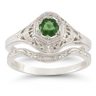 Antique Style Emerald Wedding Ring Set Jewelry