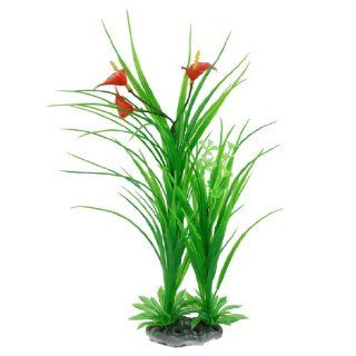 Aquarium Artificial Plastic Green Long Leaf Red Flower Plant Decor 11" 