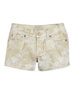 Girls Metallic Floral Print Shorts, White Gold, 4 6X   7 For All Mankind