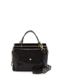 Clarisse Glazed Leather Medium Satchel Bag, Black   Oryany